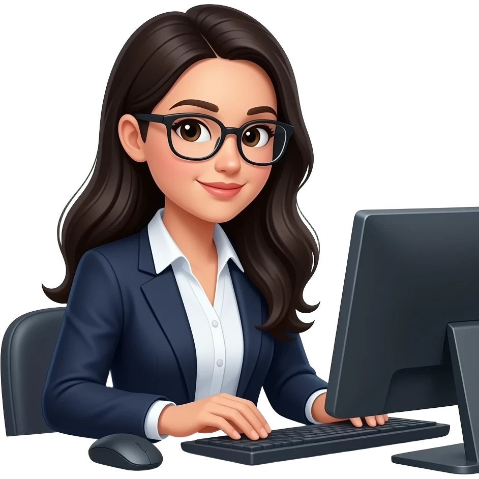 femme, cheveux longs noirs à lunette, tenue blouse blazer qui étudie avec un ordinateur emoji