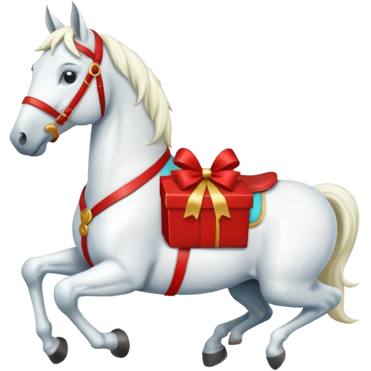 christmas new year's white horse with a red saddle with gift box on saddle emoji