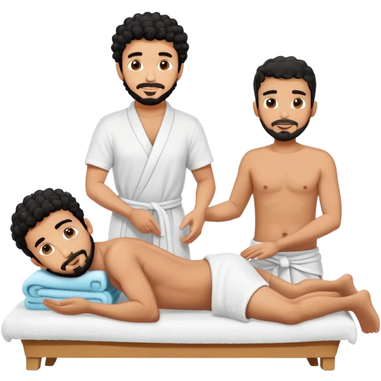 Gebräunter Manm nur mit handtuch um den unterkörper (araber mit schwarzen locken und ziegenbart) bekommt ganzkörpermassage von einem anderen mann emoji