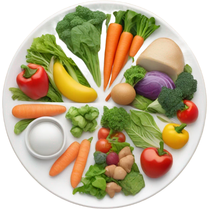 round white plate with healthy food emoji
