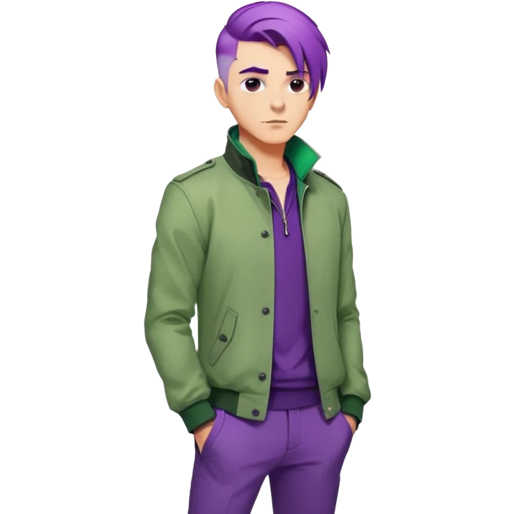 Confident man with purple hair and stylish green jacket, powerful stance like Thanos, modern fashion emoji