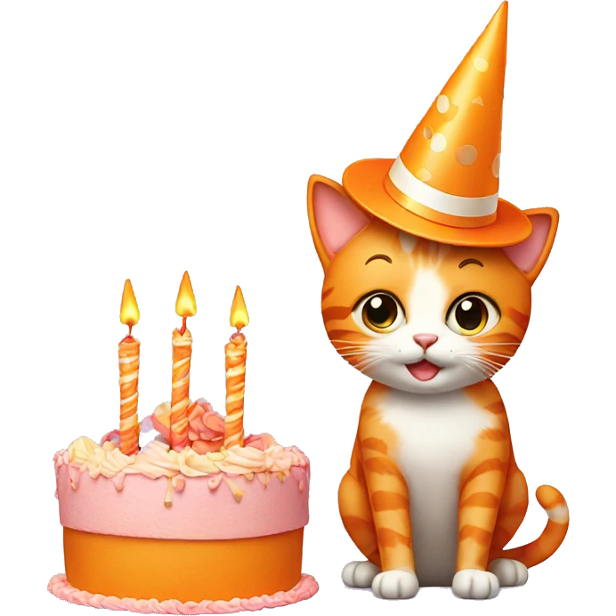 Orange cat with party hat and cake emoji
