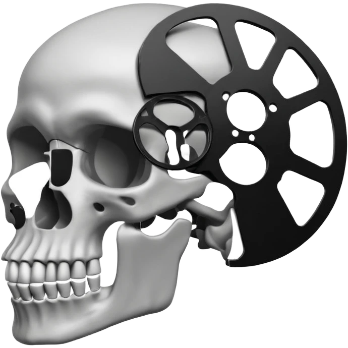 Minimalist emoji-style sticker of a human skull in profile, with a film reel replacing the brain. Grayscale icon with bold silhouette.
 emoji