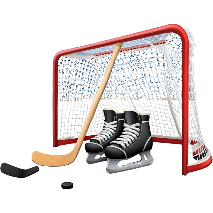 An icon showing a close-up of a hockey stick, puck, skates, and hockey net placed on the ice. The background features a packed stadium with bright lights, cheering fans, and snowy scenery outside. Transparent background highlights the key elements of the game. emoji