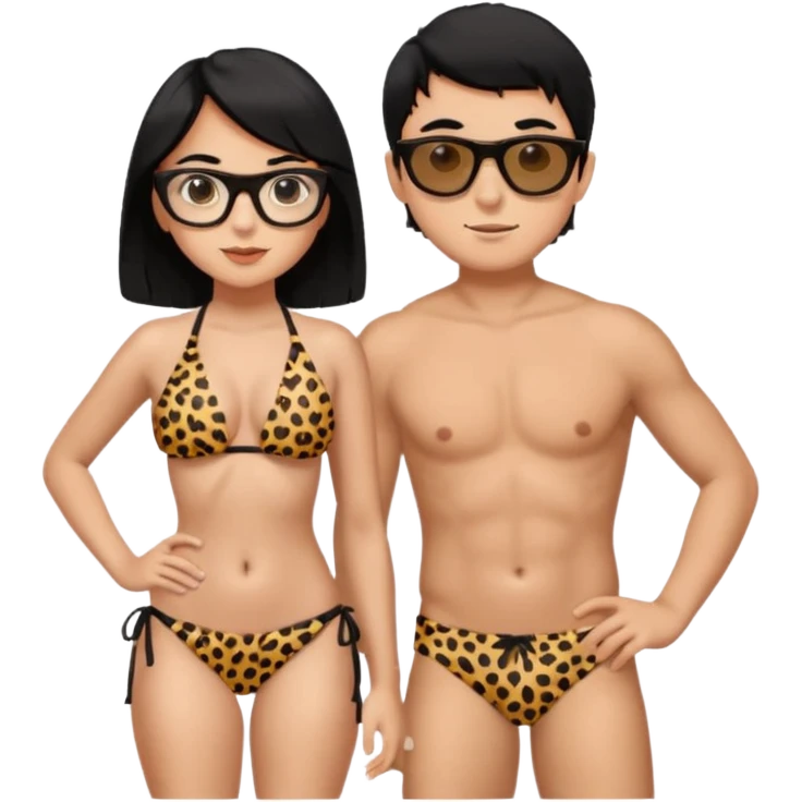 black haired girl with big boobs with shades on... wearing a cheetah print bikini standing with a boy with black hair wearing glasses and shirt less emoji