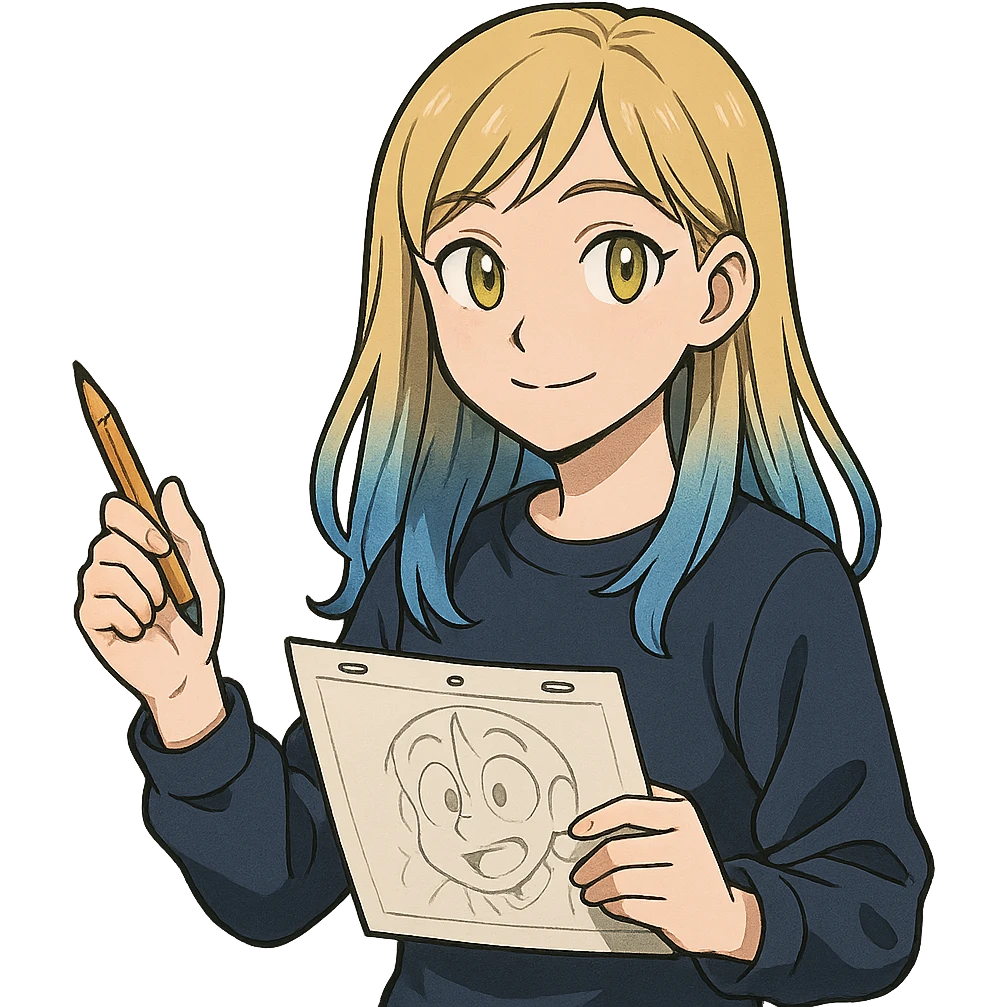 a girl animator, medium long blond hair with blue ends, yellow eyes, dark blue clothes, holding a pencil and animation paper emoji