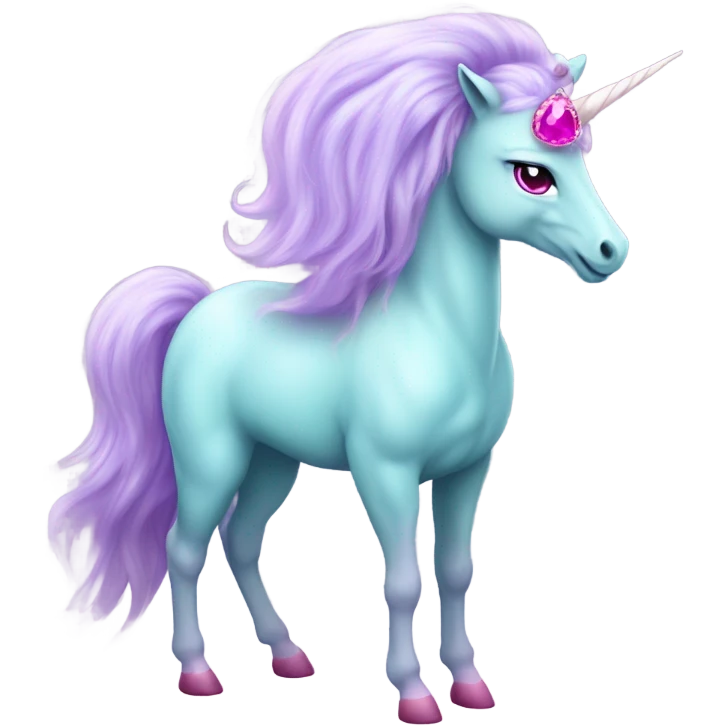 Pale lavender unicorn with bright pink hair and turquoise eyes with gemstone hooves  emoji