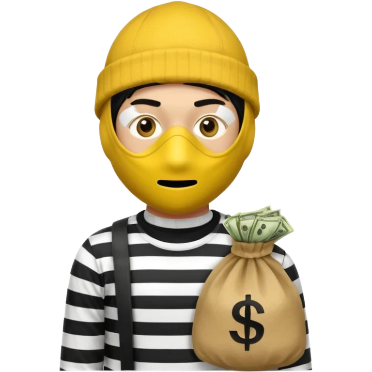 yellow robber wears black eye mask, black beanies and black and white stibes shirt with one brown money bag beside him emoji