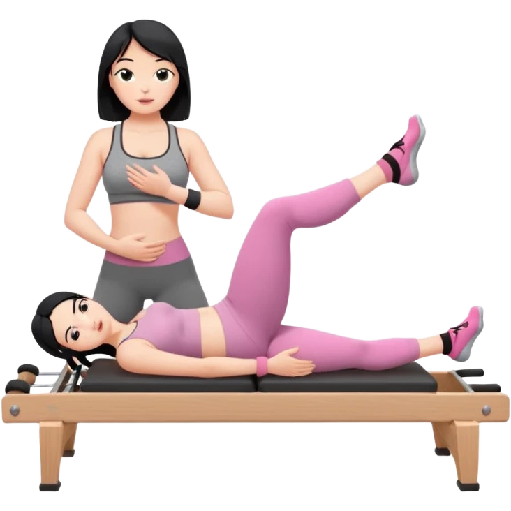Create a Pilates emoji: a girl with fair skin and black hair, wearing a grey bra and grey leggings with pink pilates socks, doing sitted stomach massage on a wooden reformer. Make it look at the reformer. Make the colors neutrals. emoji