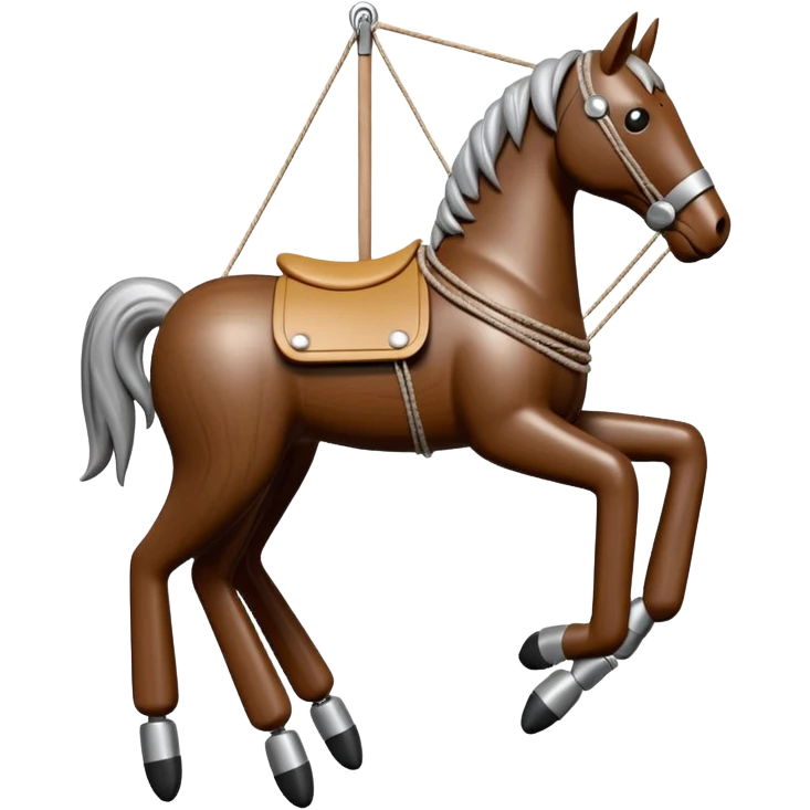 3D render of Horse Puppet as a wooden marionette puppet, Wooden toy horse on strings, silver metal screw joints at elbows and knees, polished brown wood texture, rigid toy pose, emoji style, isolated on white background --v 6.0. emoji