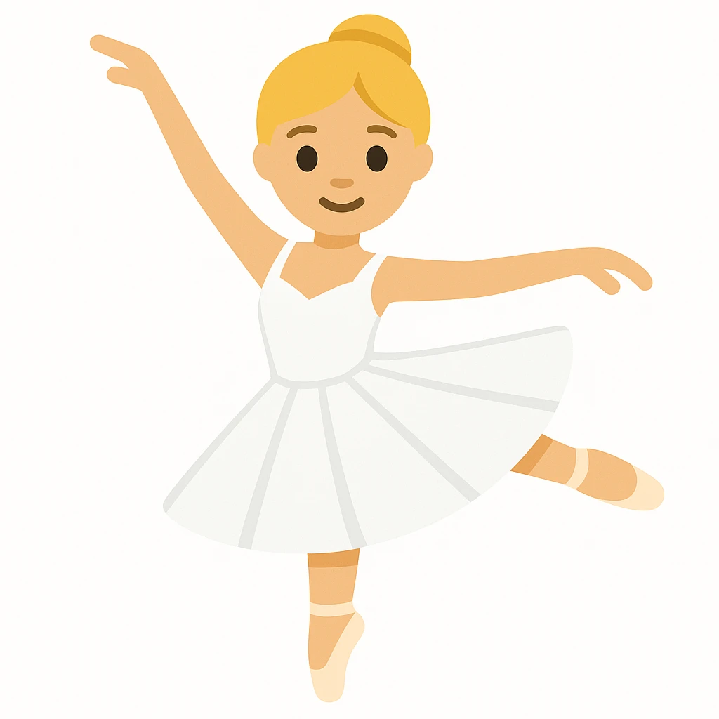 Create a new blonde female ballet dancer in a white dress, similar style and pose to the reference image, in emoji style. The style should mimic the look of apple style emojis with simple and concise features. emoji