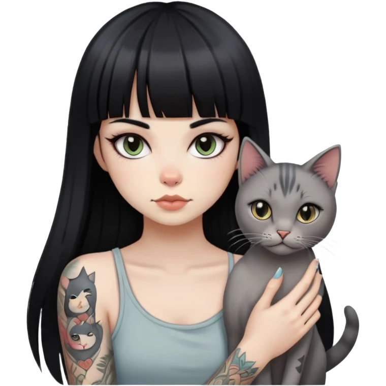 girl with long black  straight bangs hair and tattoos and a light grey-shared cat emoji