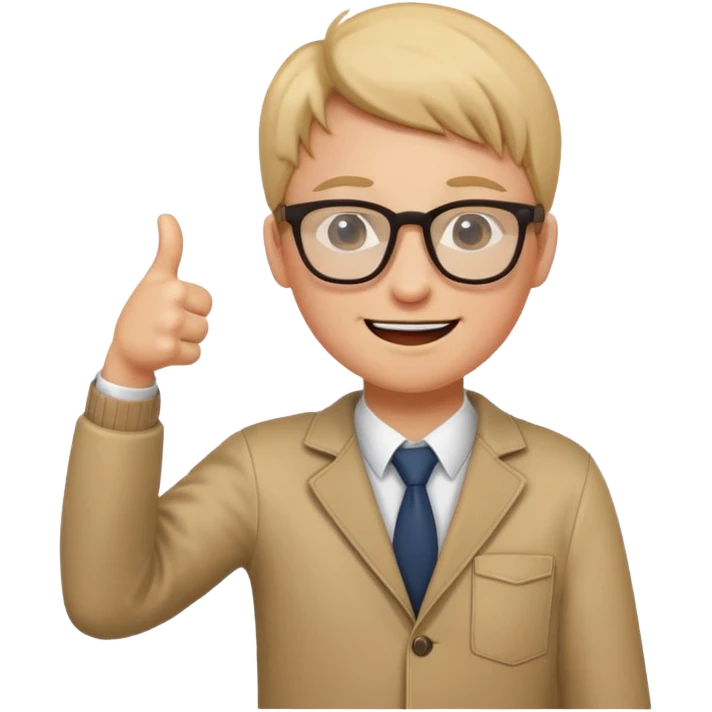 un estudiante que este parado con sus lentes guiñando el ojo y CON LAS MANOS HACIA ARRIBA DANDO LIKE emoji