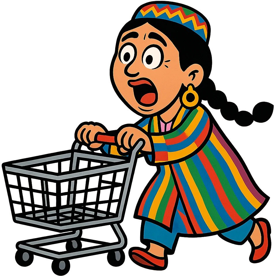cartoonish Uzbek woman with a shopping cart, exaggerated emotions emoji