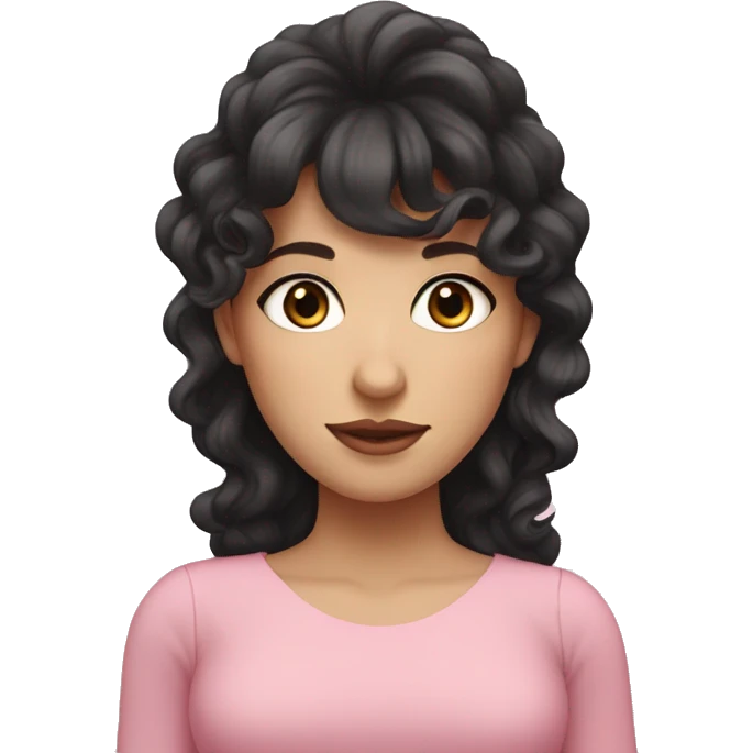 White woman with long black curly hair and bangs and dark brown eyes, wearing a pastel pink dress emoji