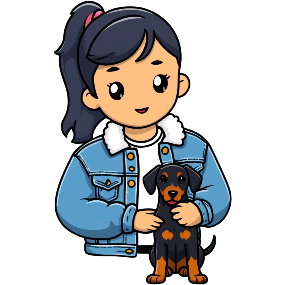 girl wearing denim jacket holding a Doberman emoji