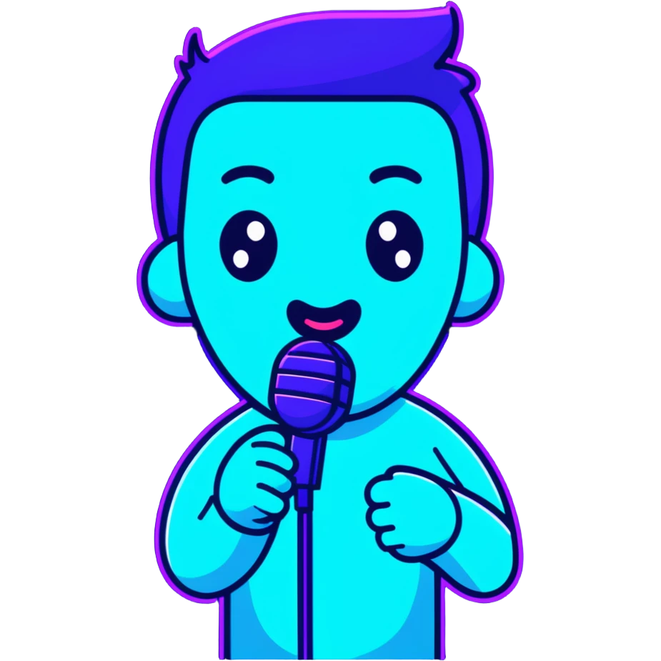 man speaking into a microphone, with neon glow effect, blue neon glow on top left, purple neon glow on bottom right emoji