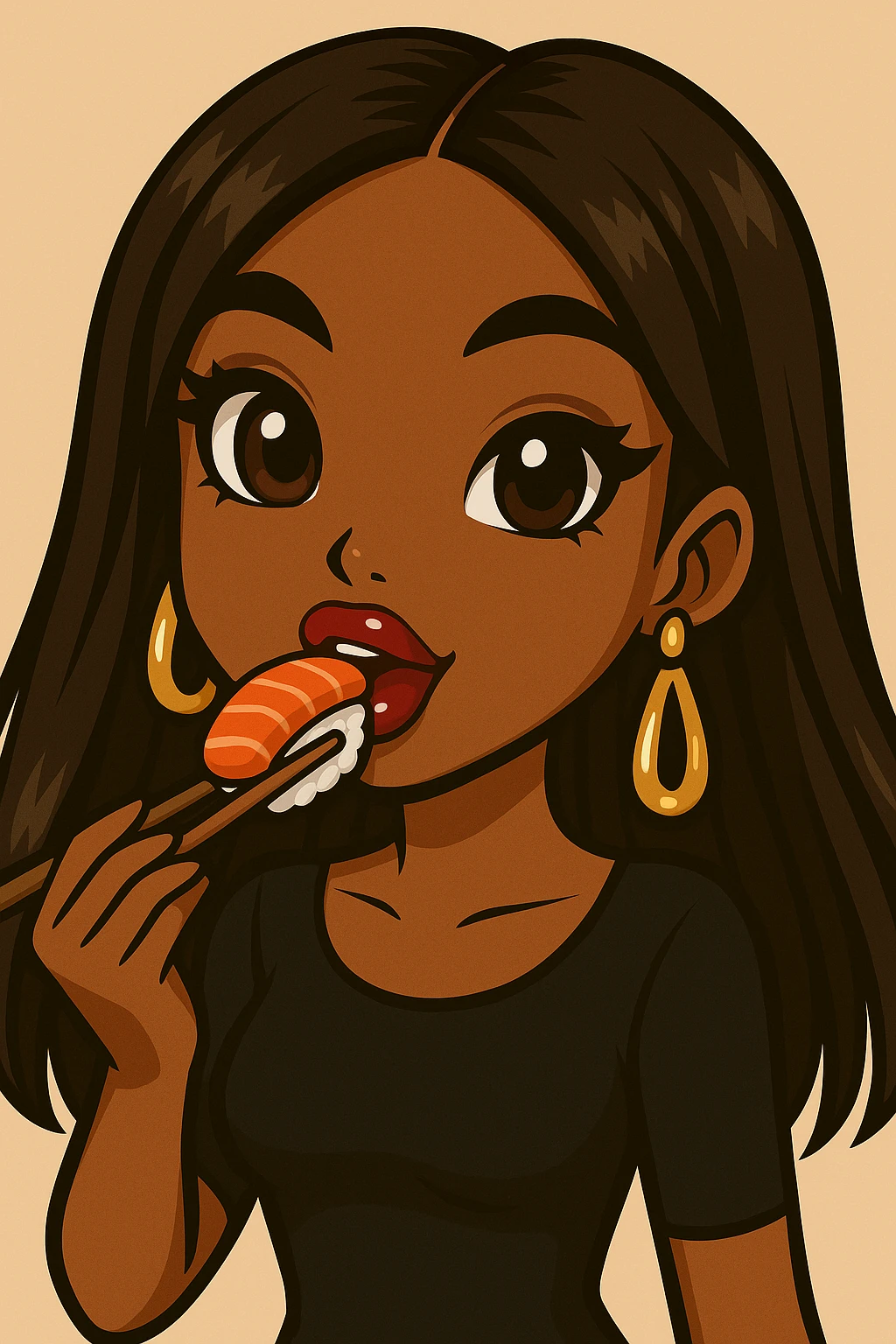 Change her pose to eating sushi with chopsticks, headshot only, 20-year-old anime Bratz style woman with dark skin, straight hair, trendy outfit, big expressive eyes, glossy lips, no hat, no tears, happy expression, both eyes open, looking straight ahead. emoji