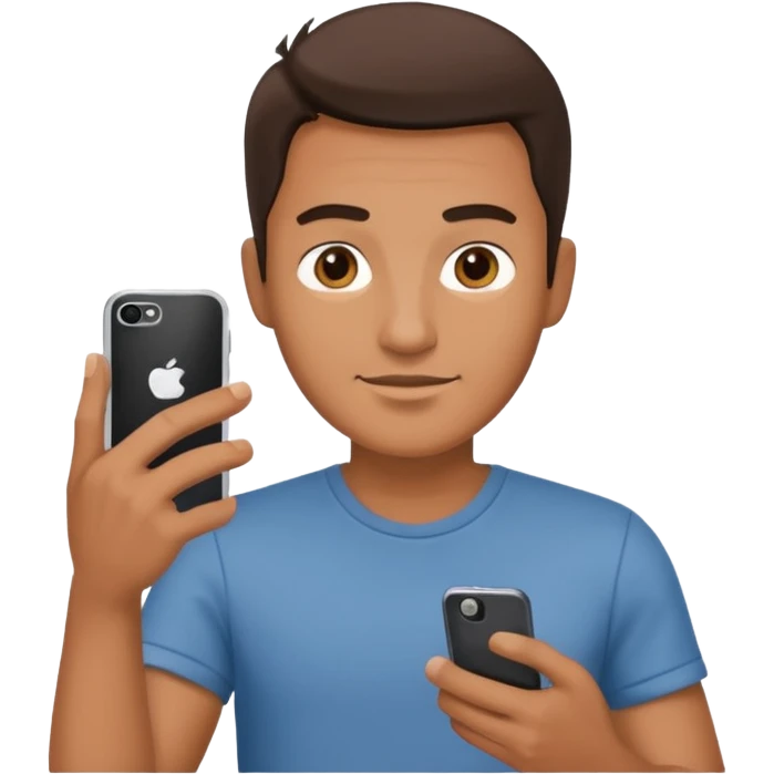man casual clothes holding a phone emoji