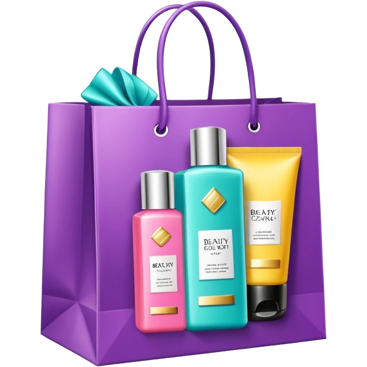Gift bag with beauty products (shampoo, creams, styling products), a gift bag is beautyful open box with luxury brand-labeled beauty products standing nearby emoji