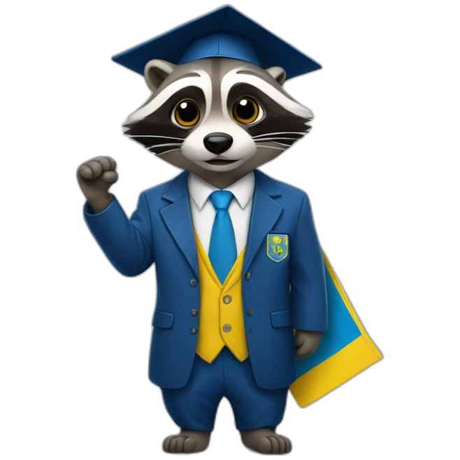 A raccoon student in a suit in the color of the Ukrainian flag in a square academic cap emoji