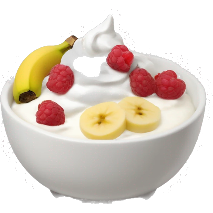 an aesthetic yougurt bowl with banana,rasberries,greek yogurt, and some hiney emoji