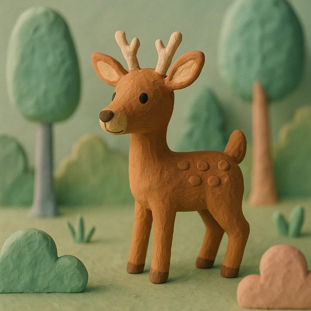 deer standing in a forest, pastel colors, visible fingerprints, playful and textured, claymation style emoji