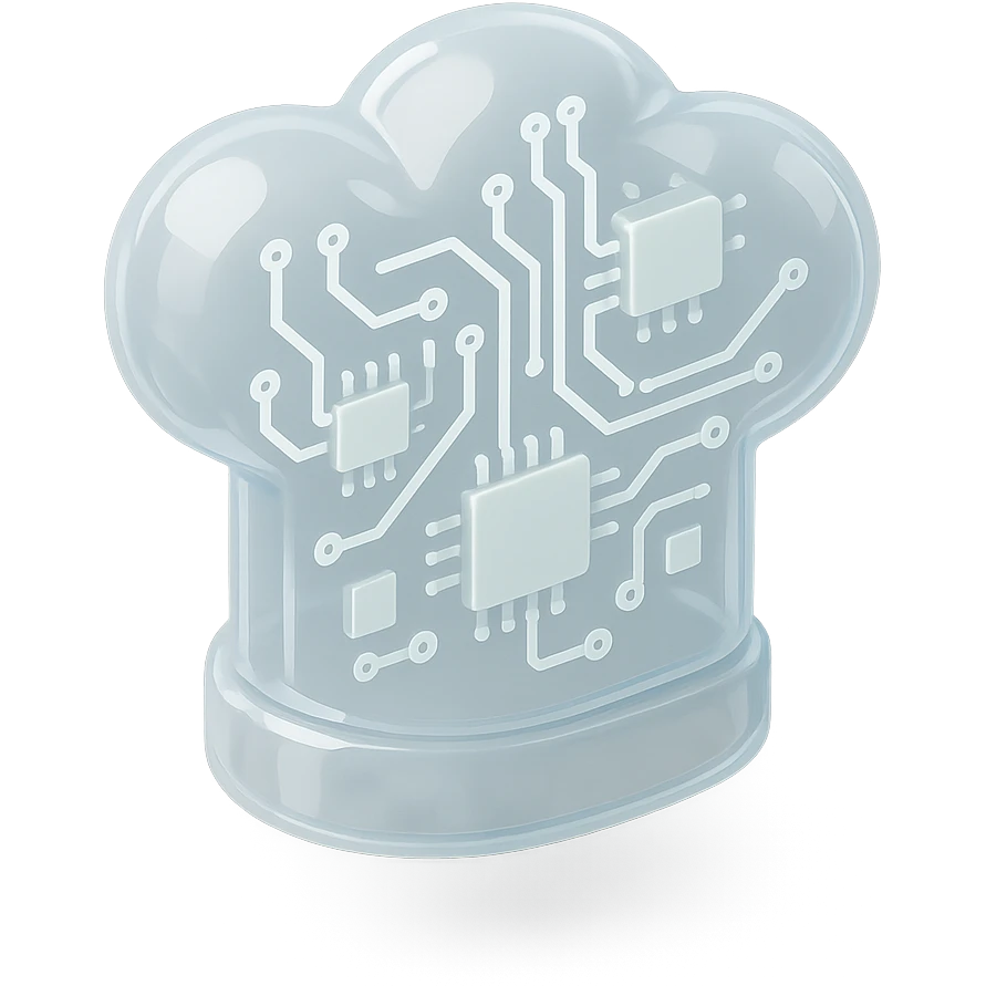 white chef hat, centered, red background, glossy circuit style emoji