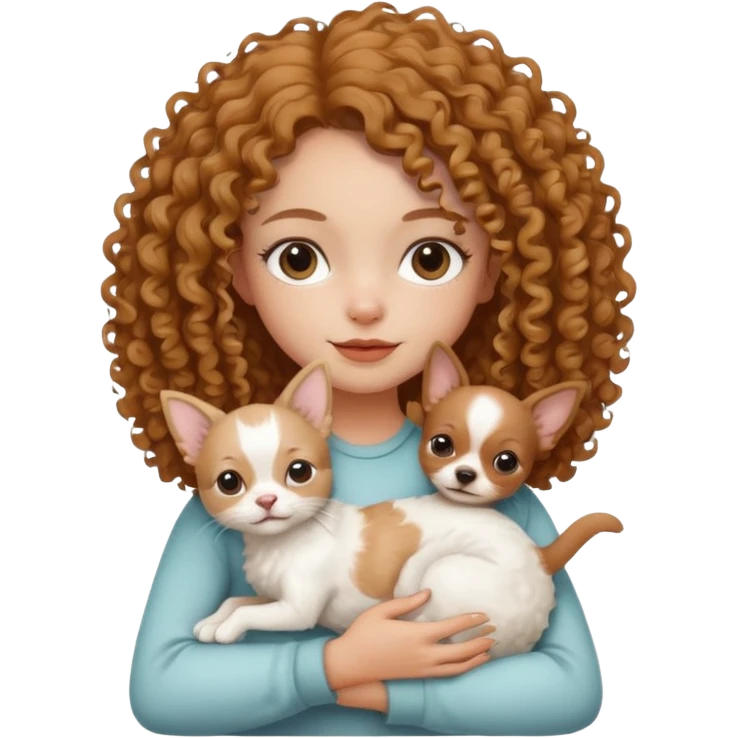 À Girl with curly haut holding a with cat and a chihuahua in her harms  emoji