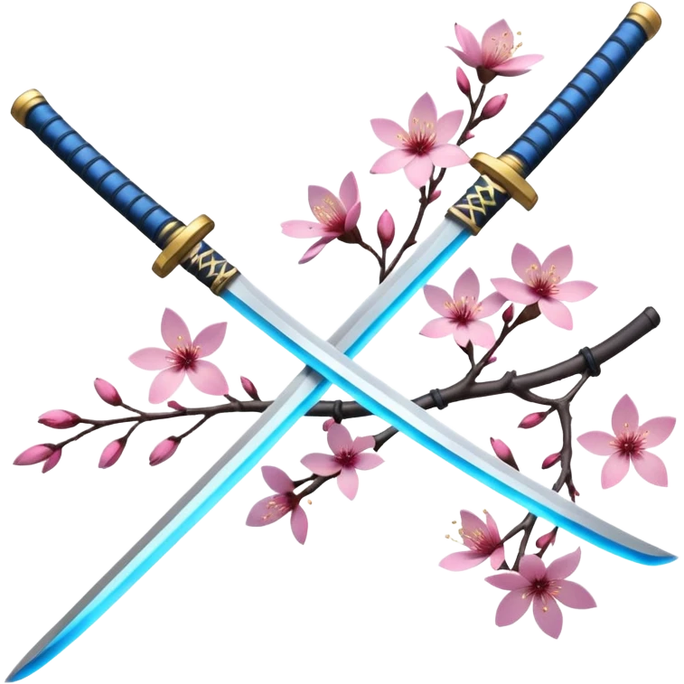 blue glowing katana multiple with accent words And Sakura flowers leaves and branches entangled with it emoji