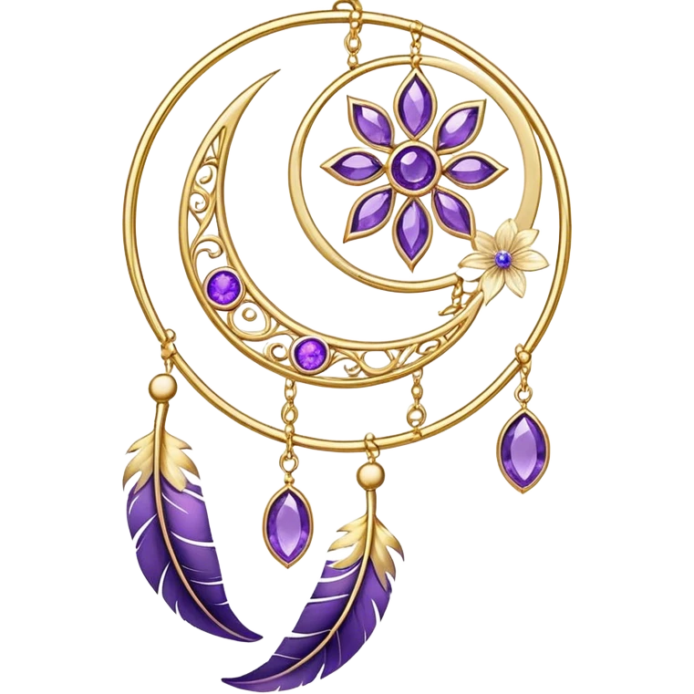 Epic beautiful gorgeous cute gold suncatcher, threads with shiny sparkly amethyst gemstones, flowers, crescents-moons, stars, violet Feather, gold feather emoji