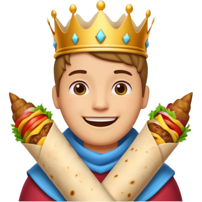 half-body character with crown smiling enjoying big kebab wrap, simple colorful fun classic emoji style emoji