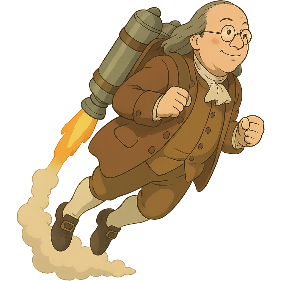 Ben Franklin flying with a jetpack emoji