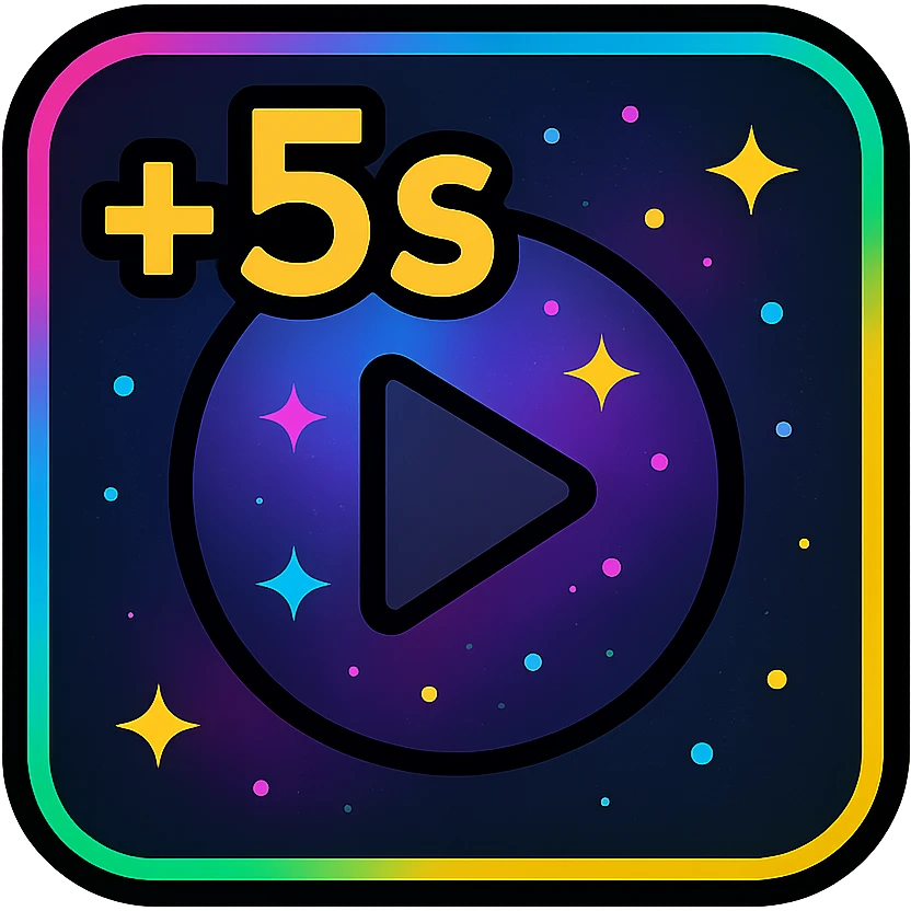 +5 sec icon with dark purples, blues, black base, neon glowing border, nebula gradients, small bright stars, subtle glow, specular highlights, luminous effect, accent colors cyan, pink, yellow, green, orange, consistent with media controls set emoji