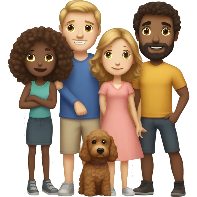 white mom and dad with brow hair, one little boy with brown hair, one girl wth brown hair, and a golden doodle emoji