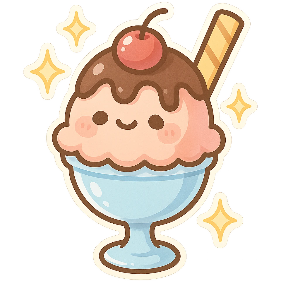 chibi sticker-style ice cream sundae with sparkles, cute and exaggerated emoji