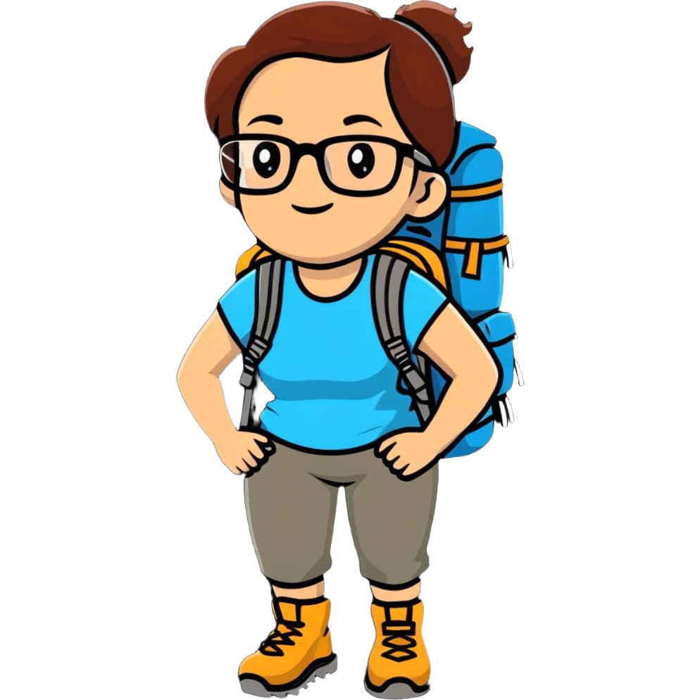 Woman in her late 30s with glasses wearing sporty outfit, hiking boots, and backpack looking happy and curious emoji