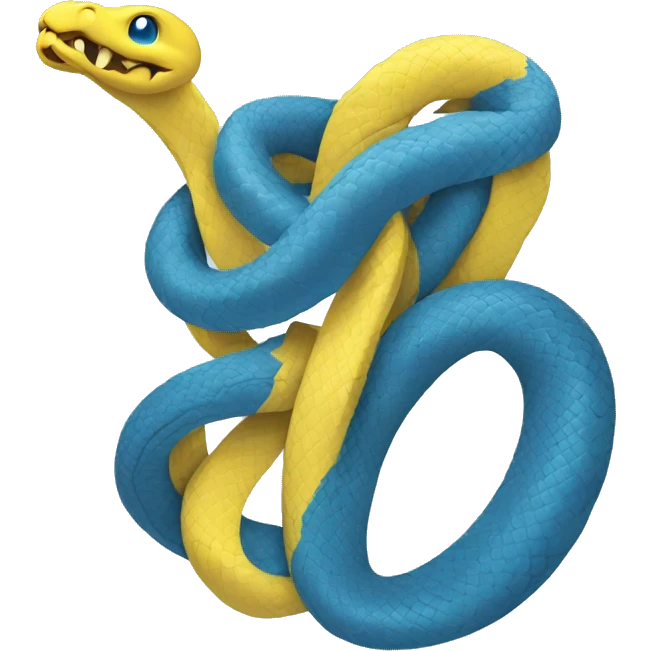 in a t-shirt a blue python tangled with a yellow python evoking the python programming language logo emoji