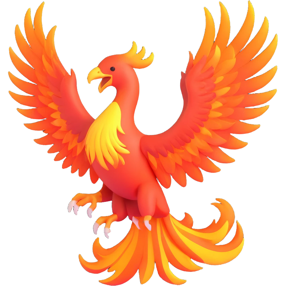 majestic phoenix with fiery wings rising from flames, fully depicted emoji