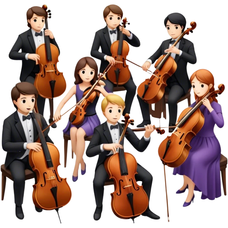 Icon for Classical Music: chamber orchestra with 4-5 musicians playing string instruments (violins, violas, cellos) and a conductor leading the ensemble. The intimate, refined atmosphere. Transparent background. emoji