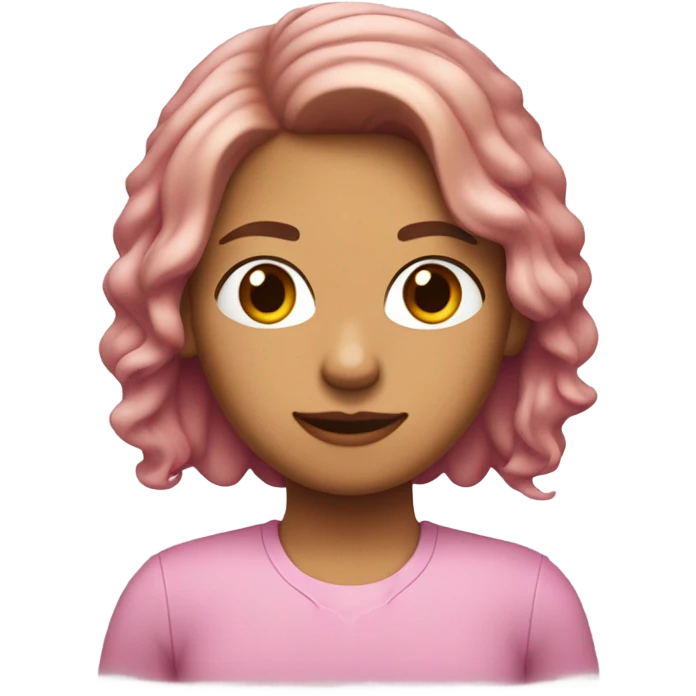 Chica de piel blanca con el pelo castaño, corto hasta los hombros y ondulado, con camisa rosa y moños en el cabello  emoji