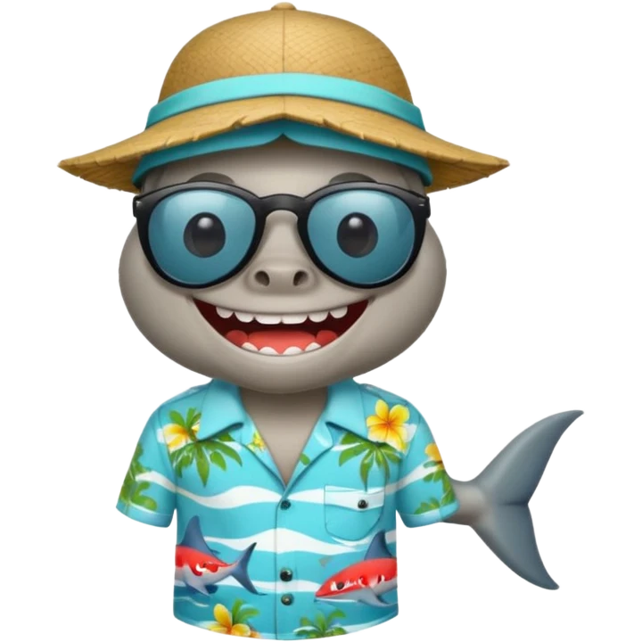 Tiburón de pie con camisa hawaiana, lentes negros, y una gorra al revés emoji
