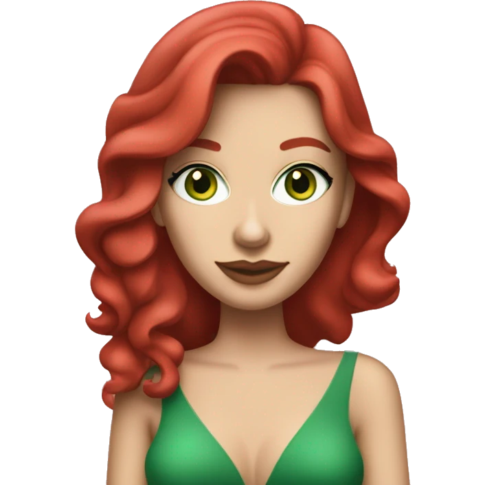 White caucasian woman in her 20s with red layered hair green eyes freckles wearing a red dress and holding a pink martini glass emoji