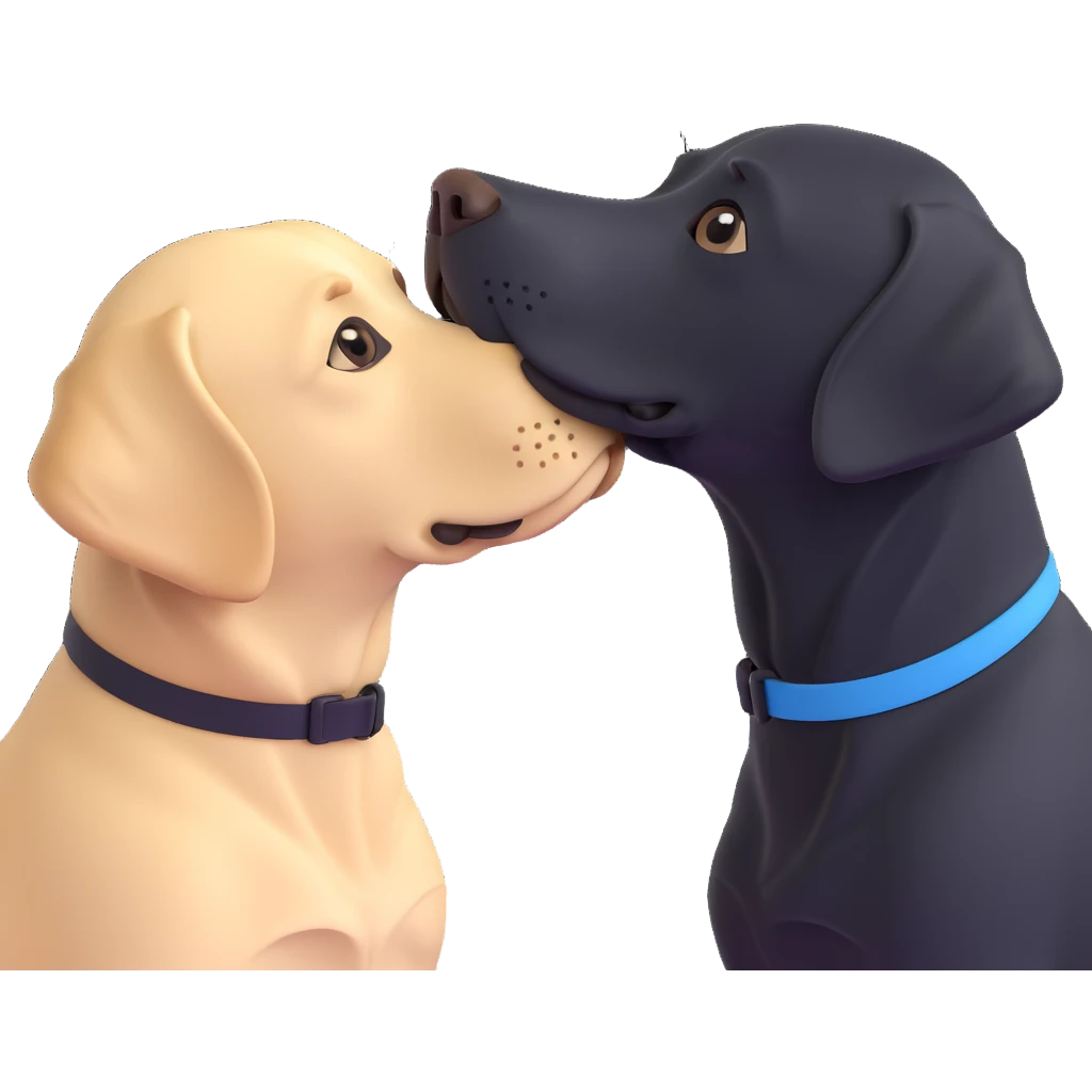 a black Labrador retriever and a blonde Labrador retriever, sitting close together, touching noses as if kissing, 3D emoji style emoji