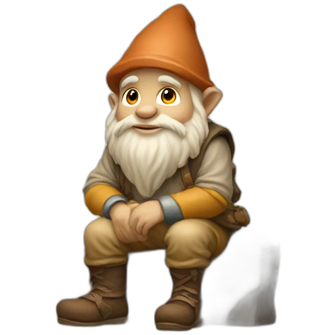 side view of gnome with light tan pants sitting above a small brown stone emoji