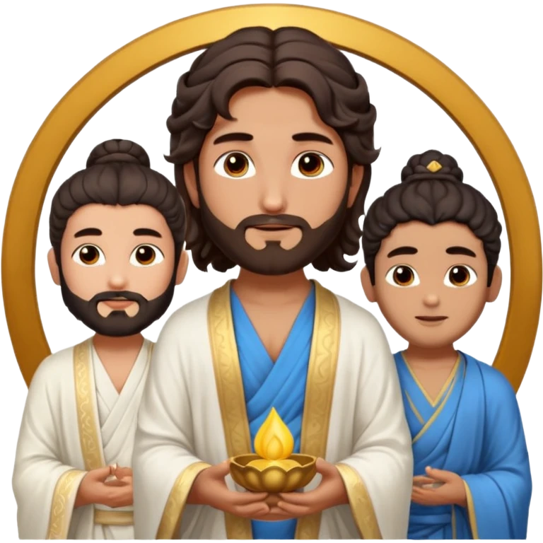 Create a Jesus - men long wavy dark-brown hair, short beard, wearing a simple white robe., Krishna- men blue skin with dark curled hair , and Buddha standing together. Buddha: men warm golden or light tan skin, dark curled hair with a traditional top bun (ushnisha)

 emoji