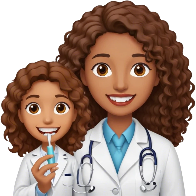 odontologa con bata, la mujer es crespa con el cabello café largo, ojos cafés oscuros, con un modelo de dientes en la mano emoji