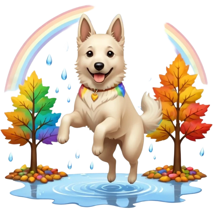 Beautiful White belgian Shepard jumping Cheerful  over Rain puddles. There is a rainbow in the sky and trees with Brown leafs in the background emoji
