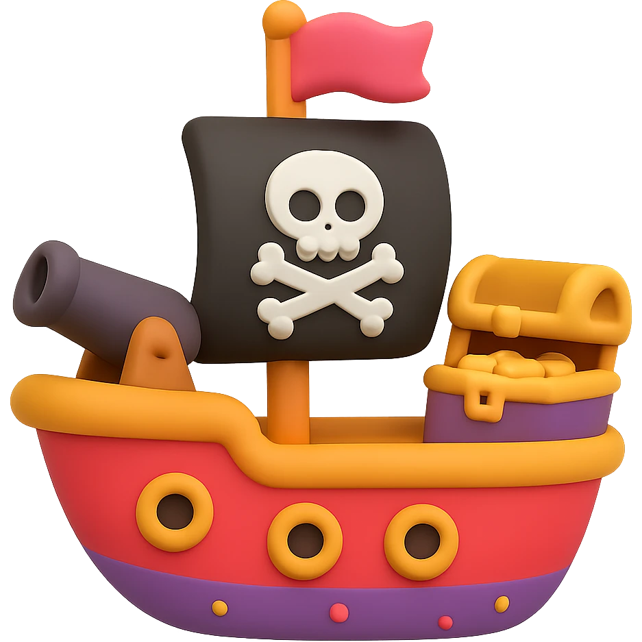 A colorful pirate ship with treasure chest and cannon emoji
