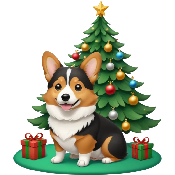 black tricolor corgi with no tail and christmas tree next to it emoji
